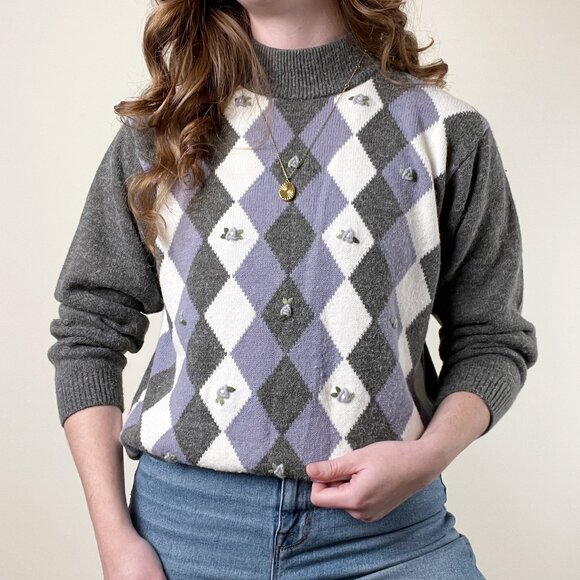 Vintage Argyle 3-D Knit Floral Embroidered Knit Mock Neck Crew Sweater Preppy 3D - Picture 2 of 7
